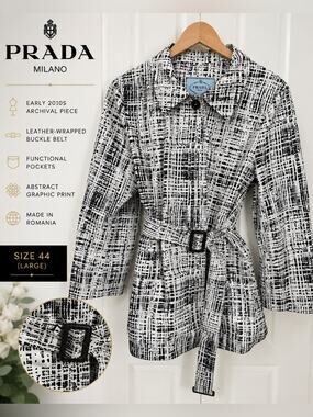 Prada Milano Belted Abstract Print Coat Size 44 Black White Archival Designer
